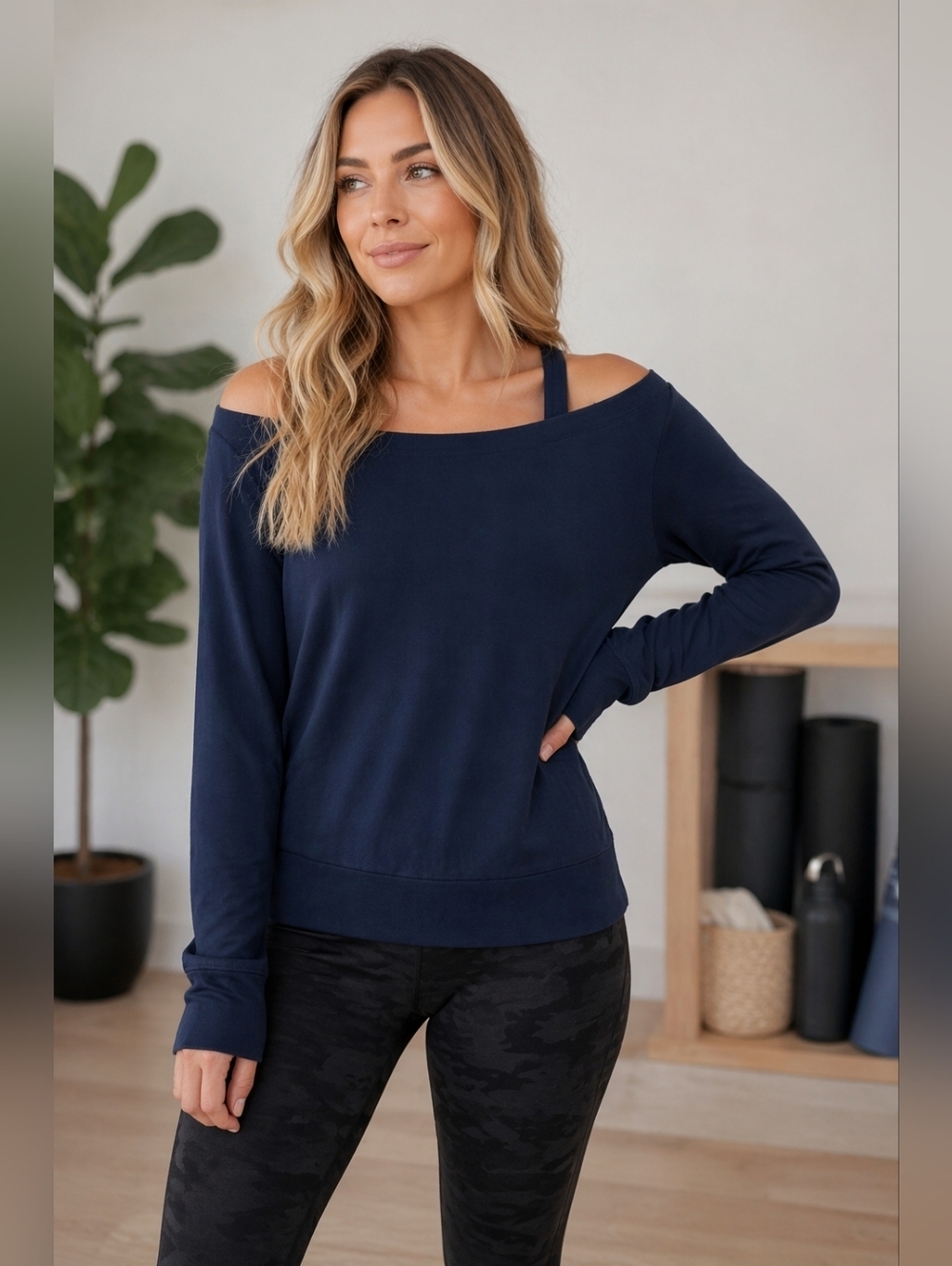 Athleta Studio Barre Cold Shoulder Modal Top Navy L